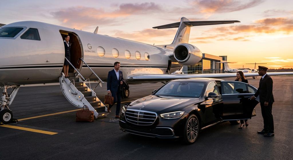Sleek luxury sedan and private business jet at sunset representing premium concierge services